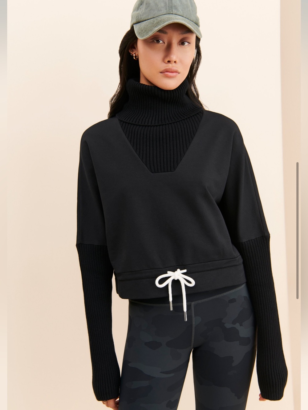 Varley Black Cropped Turtleneck Drawstring Sweater